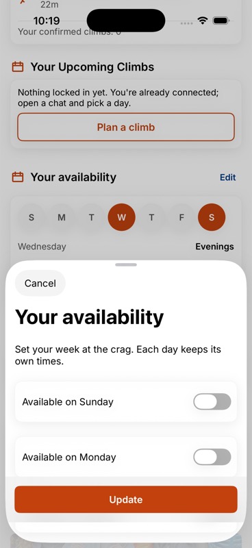 The availability editor with round weekday controls for choosing climbing days and times.