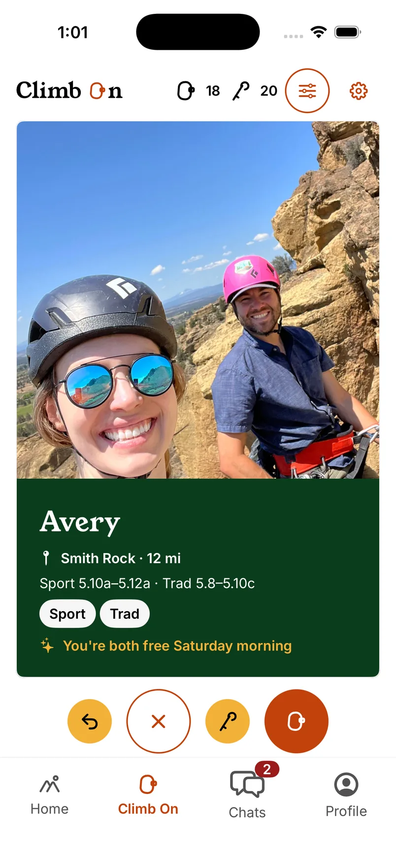 A demonstration climber profile in discovery showing climbing styles, grades, distance and shared Saturday availability.